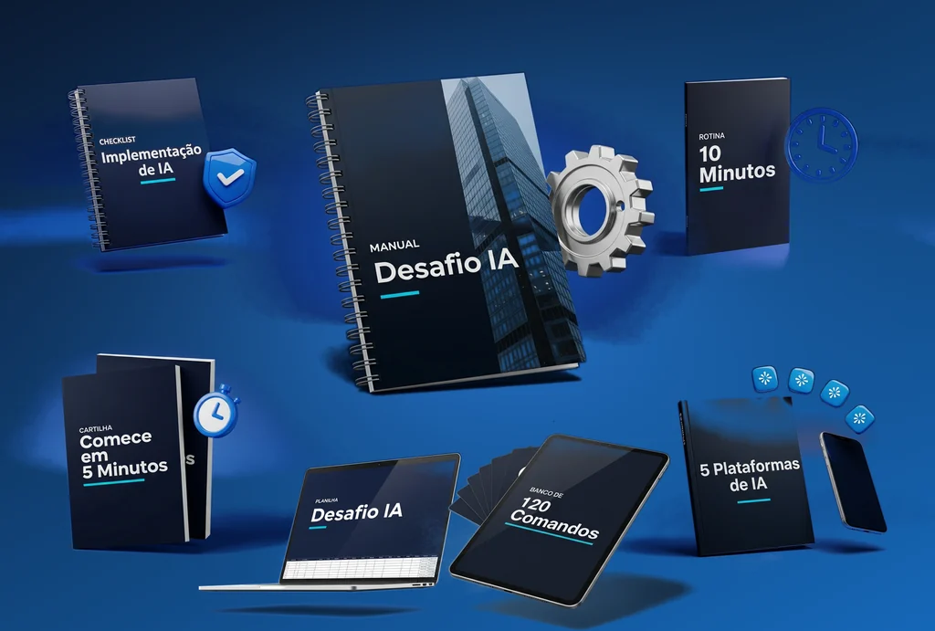 Os 5 entregáveis e os 2 bônus do Minha Empresa Organizada em 7 Dias reunidos: manual, cartilha, checklist, banco de comandos, planilha, guia de plataformas e rotina diária