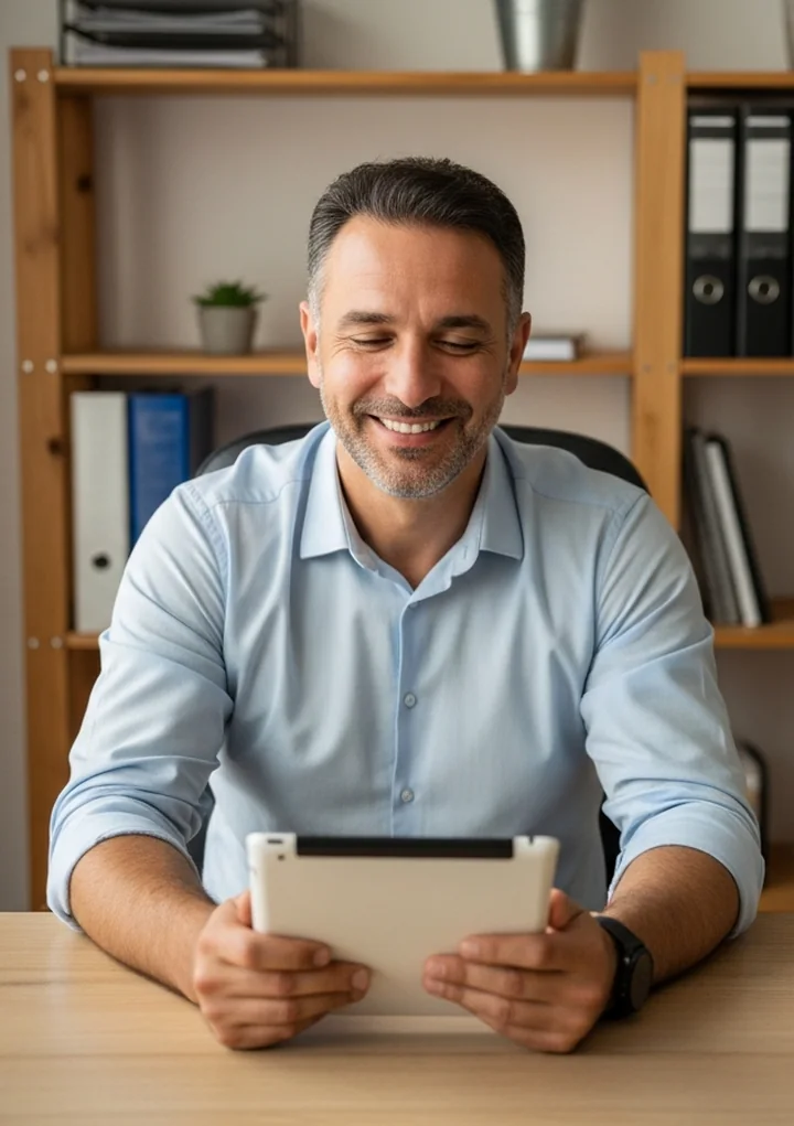 O mesmo empresário sentado à mesa organizada, sorrindo tranquilo enquanto usa um tablet