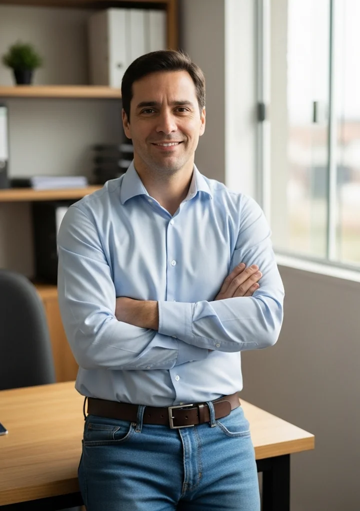 Dono de pequena empresa de braços cruzados, confiante, ao lado da mesa do seu escritório organizado